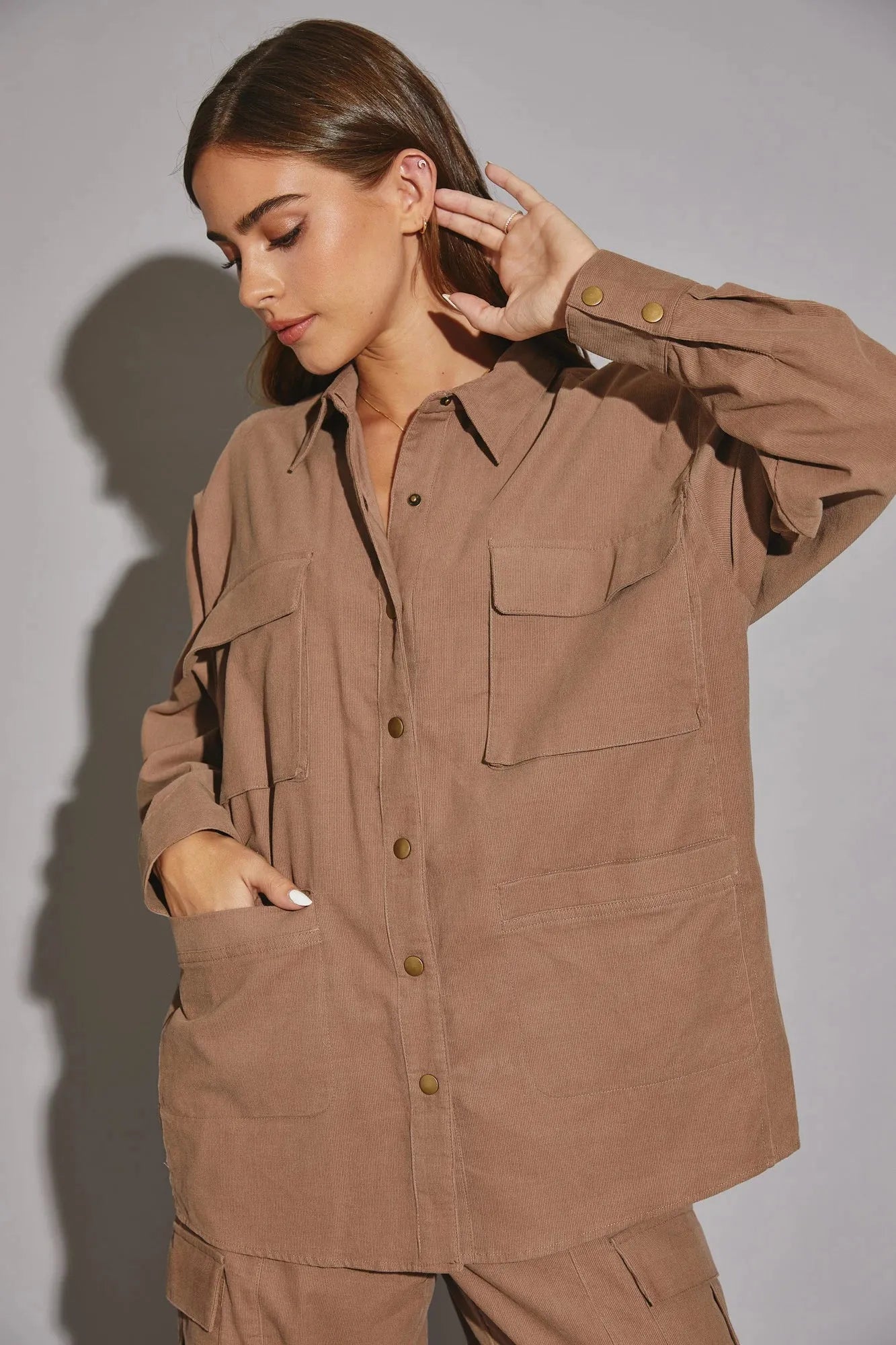 Oversize Long Sleeve Front Pocket Corduroy Shirt