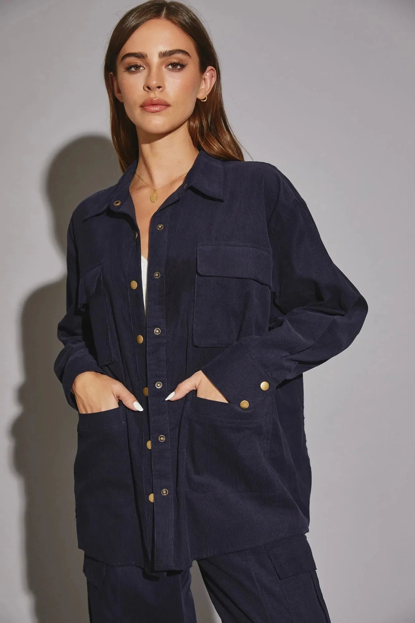 Oversize Long Sleeve Front Pocket Corduroy Shirt