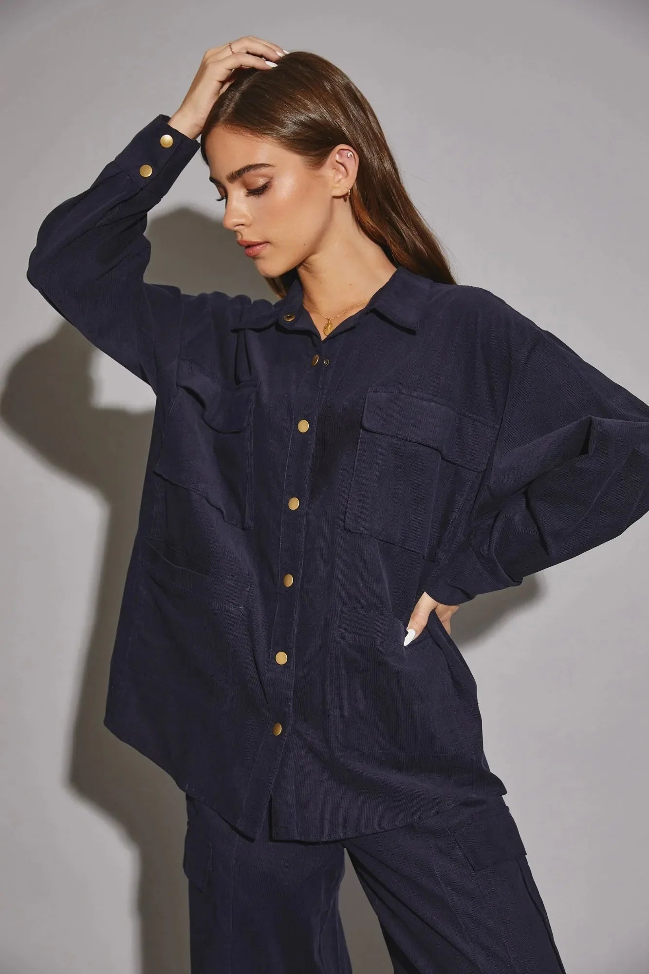 Oversize Long Sleeve Front Pocket Corduroy Shirt