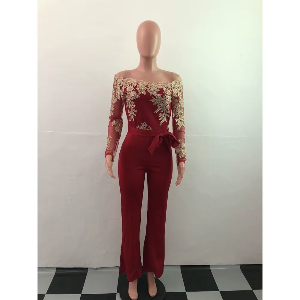 Appliques Lace Patchwork Jumpsuit Women Sexy off Shoulder Slash Neck Long Sleeve Elegant Wide Leg Pants Jumpsuit Party Overalls