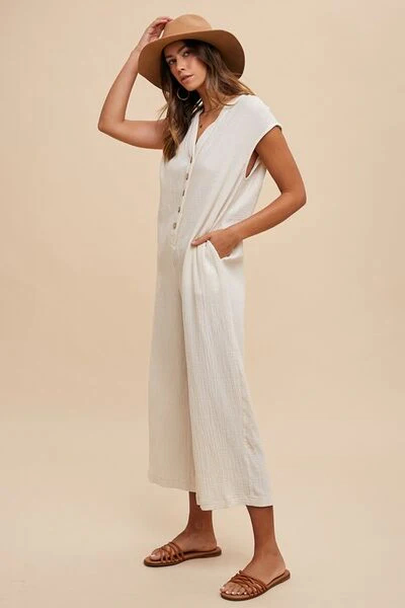 Annie Wear Wide Leg Jumpsuit with Button Detail and Pockets