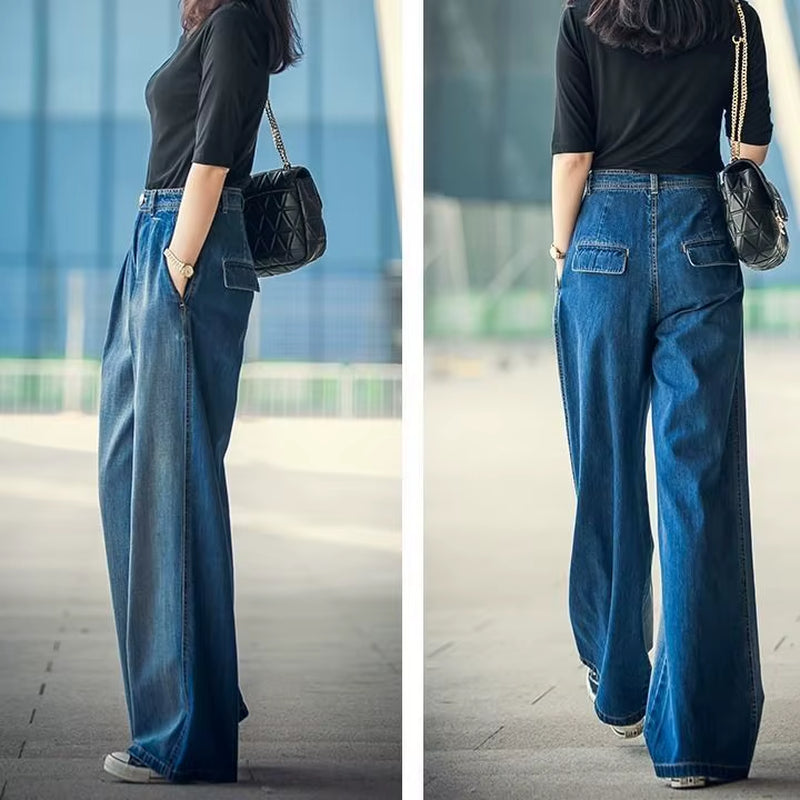 Jeans Women'S Wide-Leg Jeans 2022 Y2K Streetwear High Waist Vintage Trousers Casual Simple Blue Buttons Straight Denim Long Pant