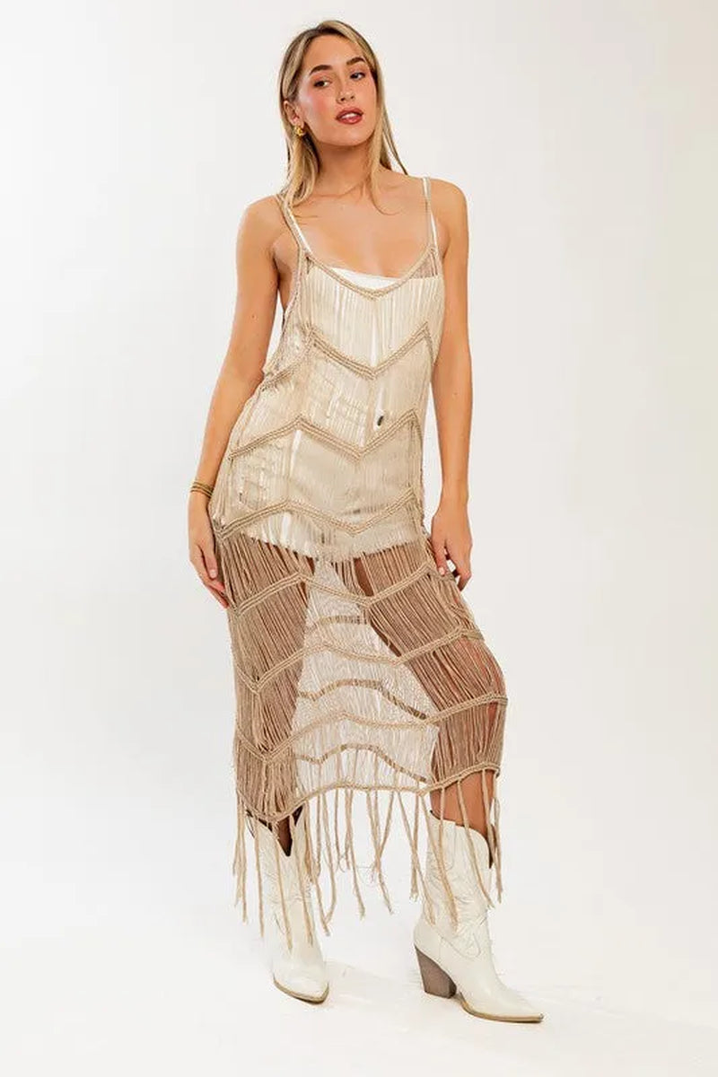 Boho Fringe Chevron Pattern Western Maxi Dress | Beach Cover up Caftan