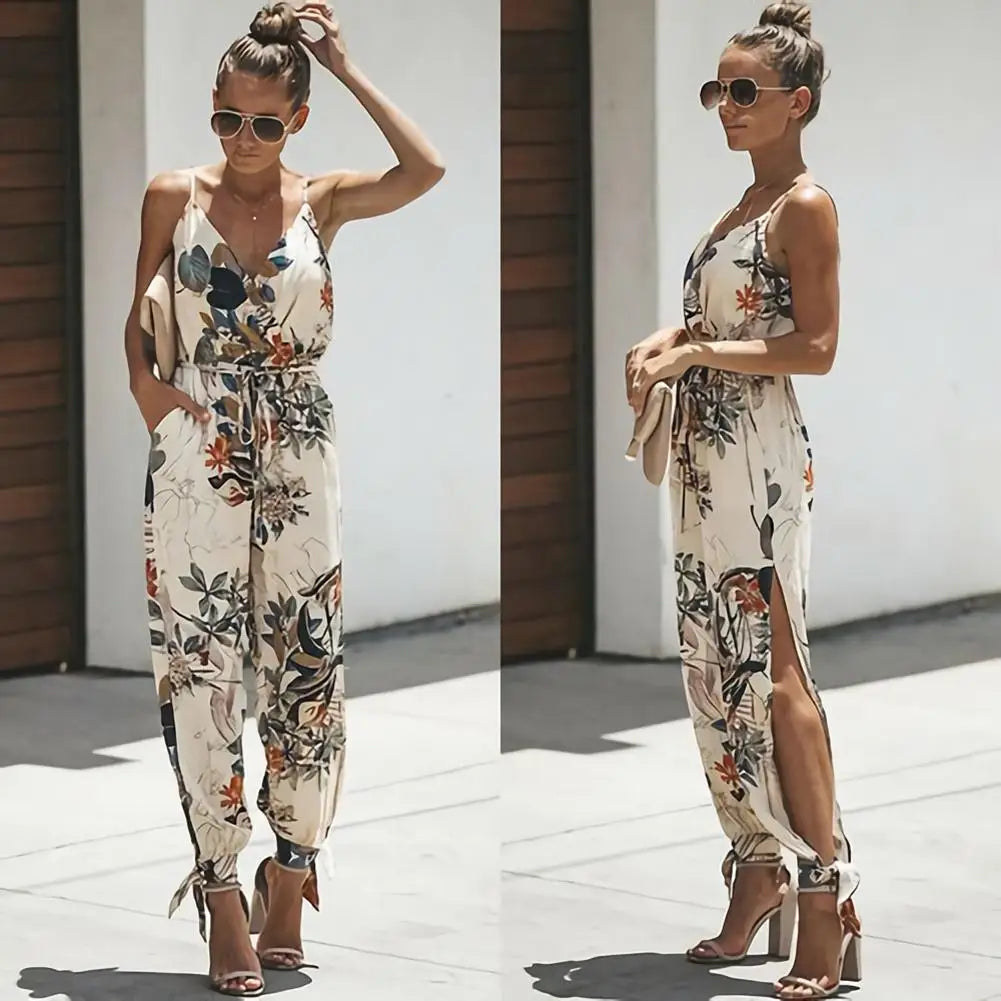 2023 Women'S Jumpsuit Bohemian Casual Jumpsuit Women'S Sexy Backless Deep V Neck Floral Print Tie Jumpsuit Jumpsuit