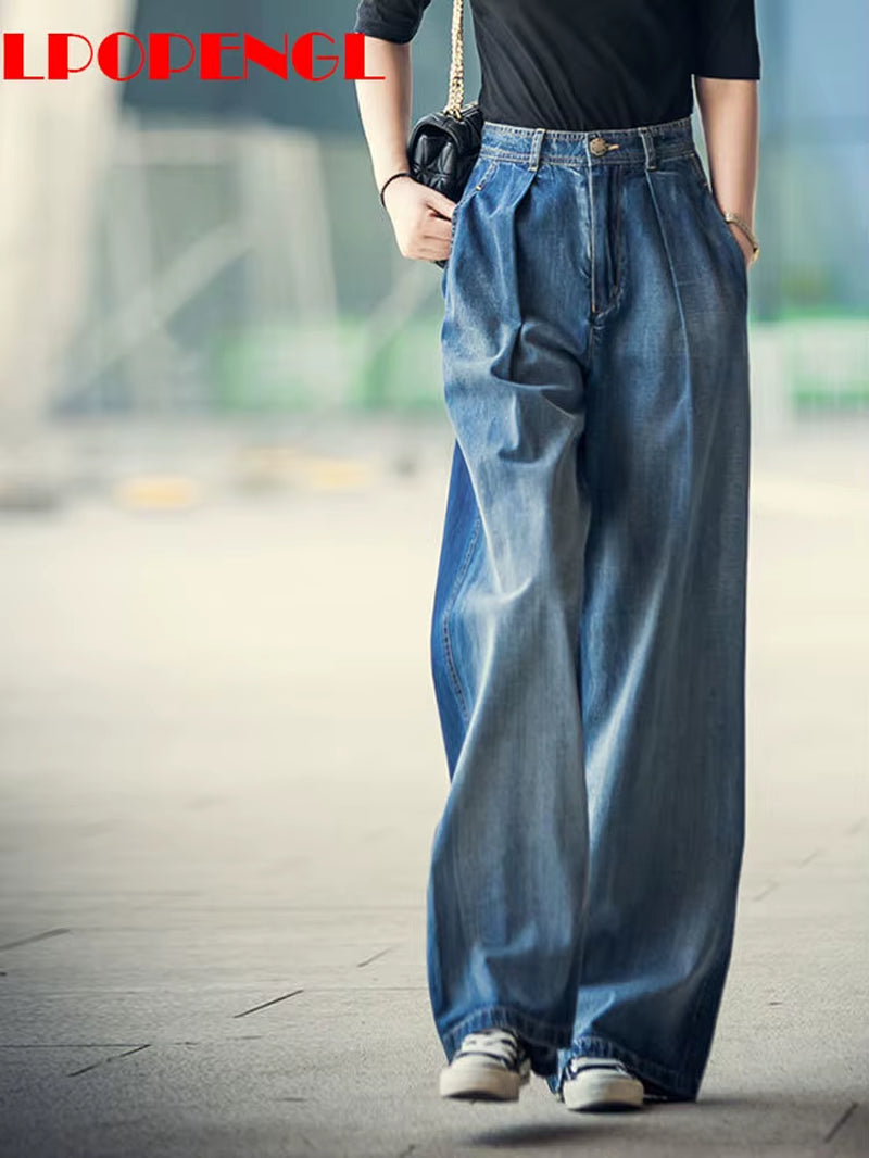 Jeans Women'S Wide-Leg Jeans 2022 Y2K Streetwear High Waist Vintage Trousers Casual Simple Blue Buttons Straight Denim Long Pant