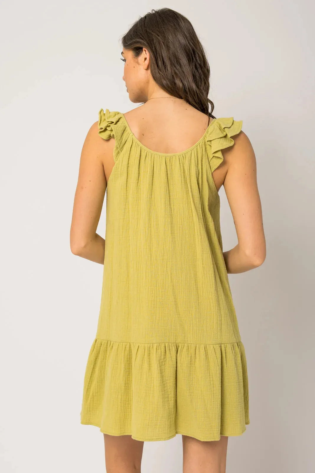 Sleeveless Ruffle Shoulder Shirring Dress