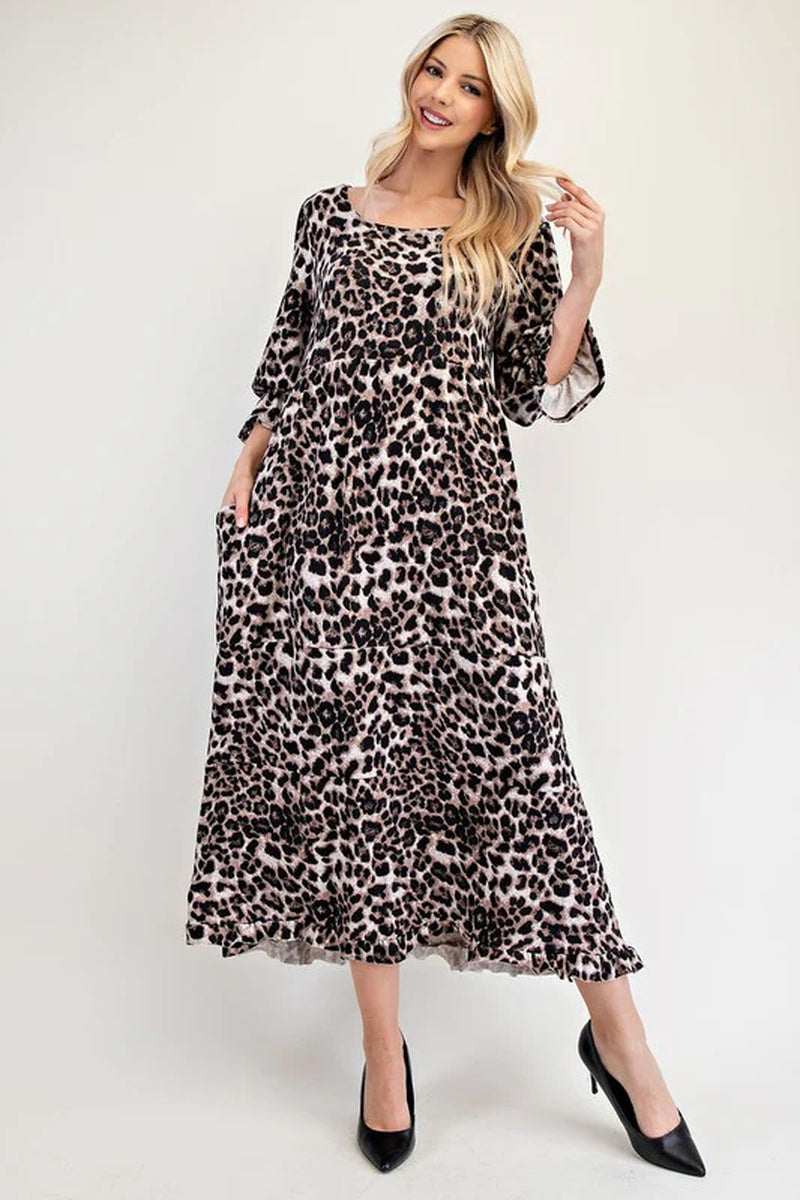 Celeste Leopard Flounce Sleeve Dress - Full Size round Neck Style