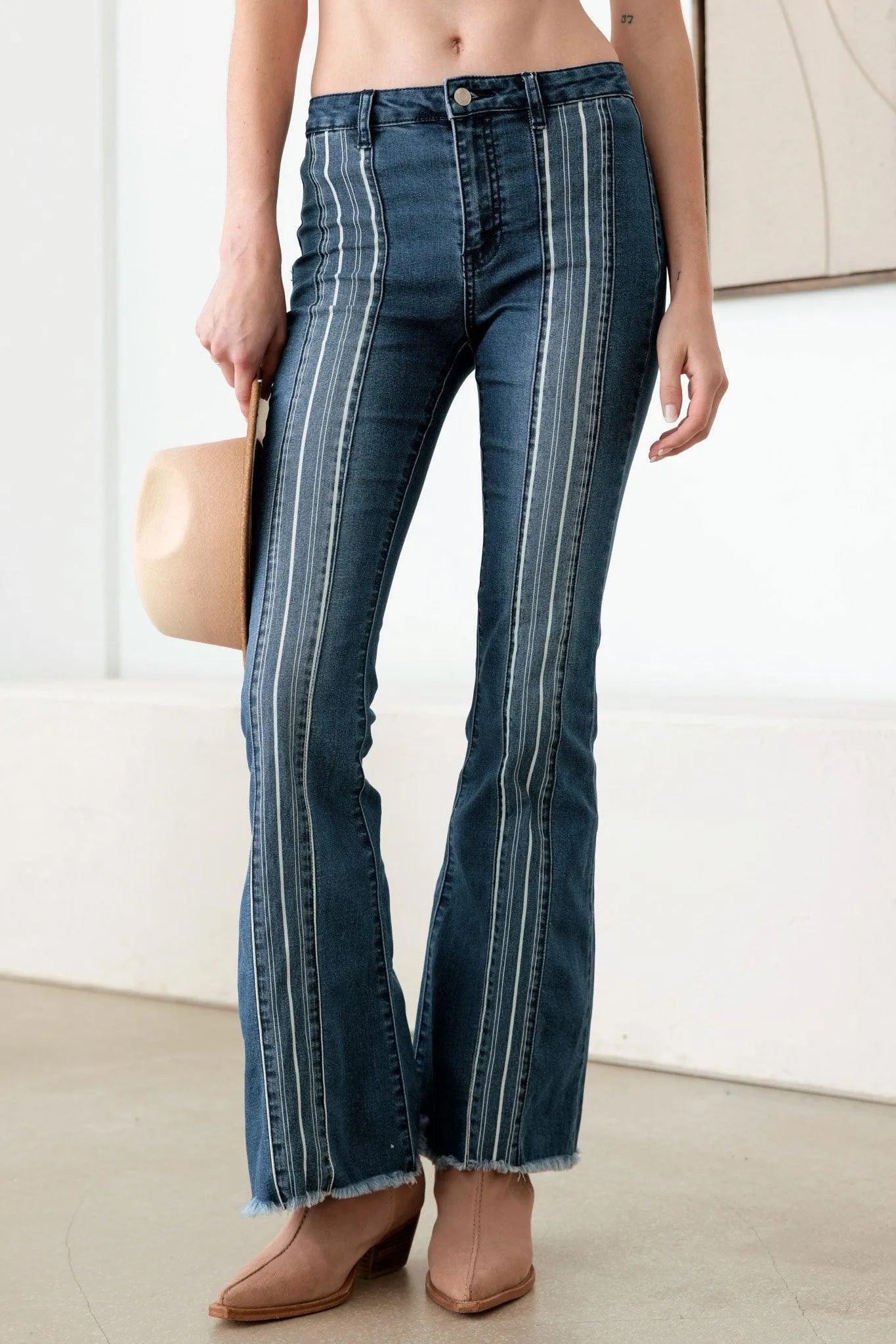 Blue Mid Rise Flare Pin Stripe Jeans