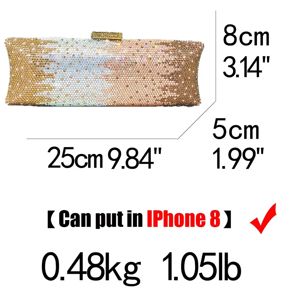 Graident Golden Women Long Evening Bags Formal Dinner Crystal Clutch Purses Bridal Rhinestones Clutch Handbags