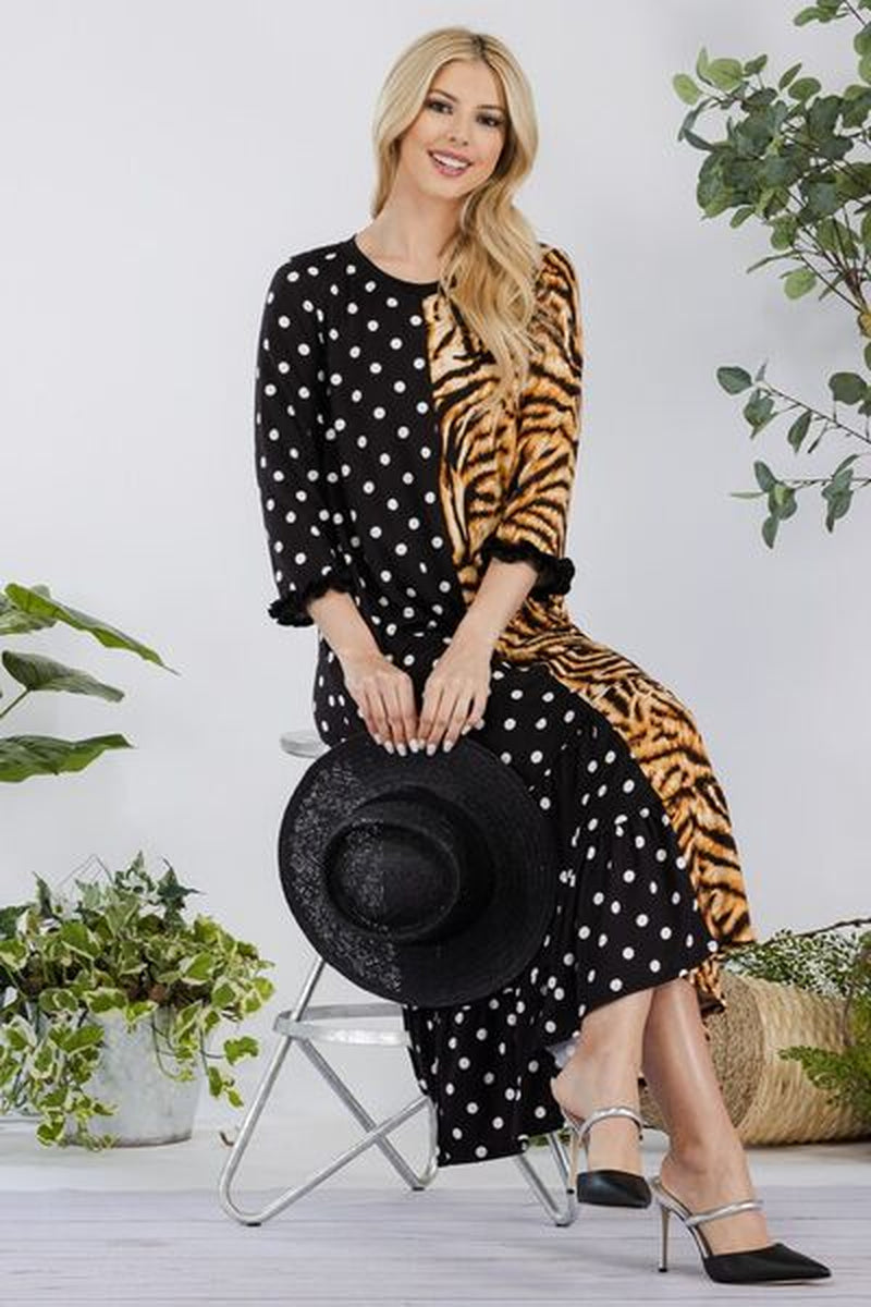 Celeste Full Size Polka Dot & Leopard round Neck Midi Dress plus Size