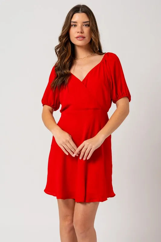 Short Puff Sleeve Wrap Mini Dress