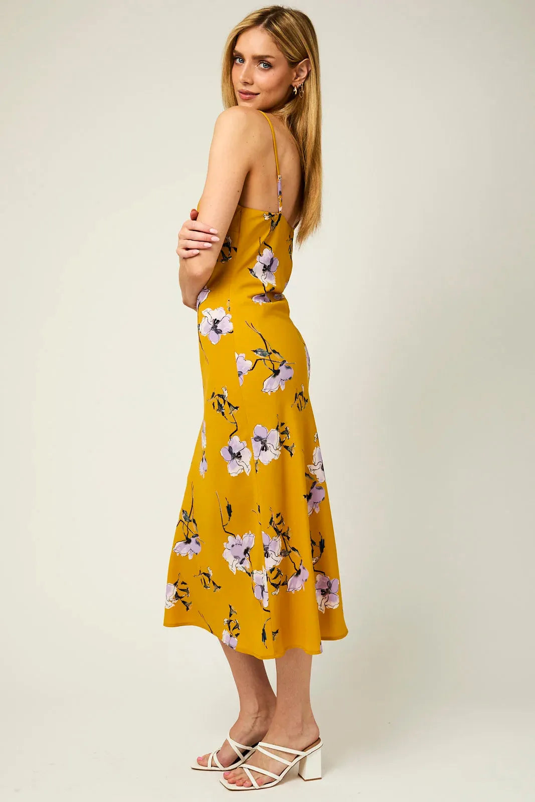 Floral Sleeveless Adjustable Strap a Line Midi Dress