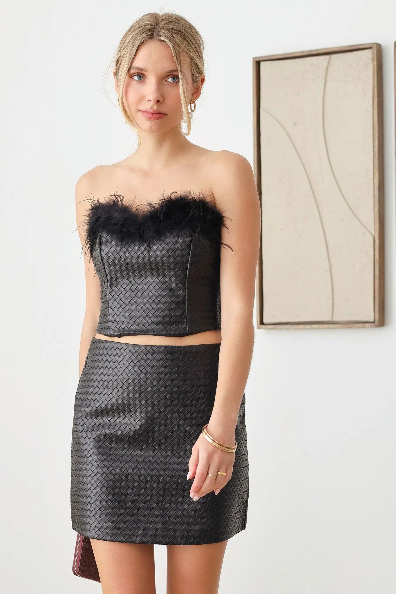 Faux Leather Tube Top with Feathers & Mini Skirt Set