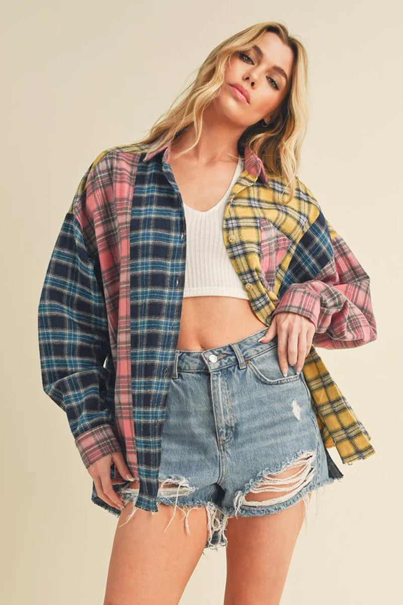 Aemi + Co Frayed Hem Color Block Plaid Drop Shoulder Shirt