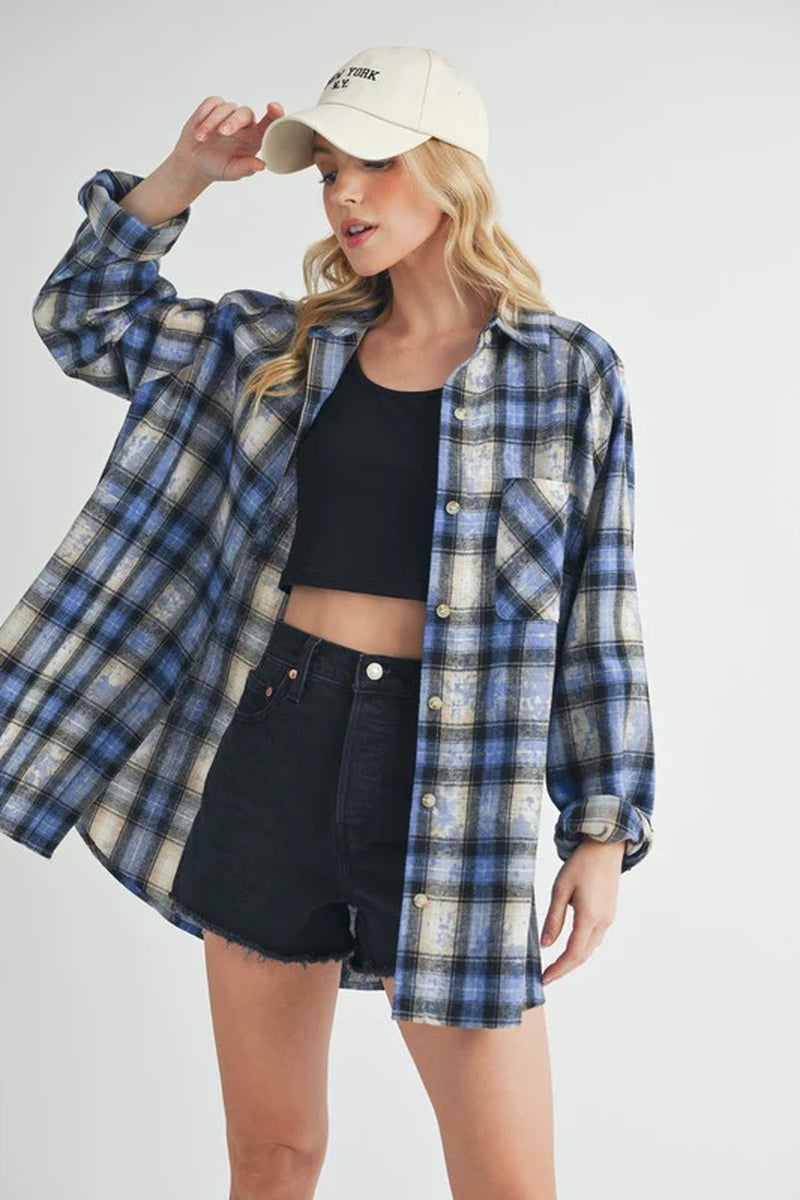 Aemi + Co Washed Plaid Button up Raglan Sleeve Flannel Shirt