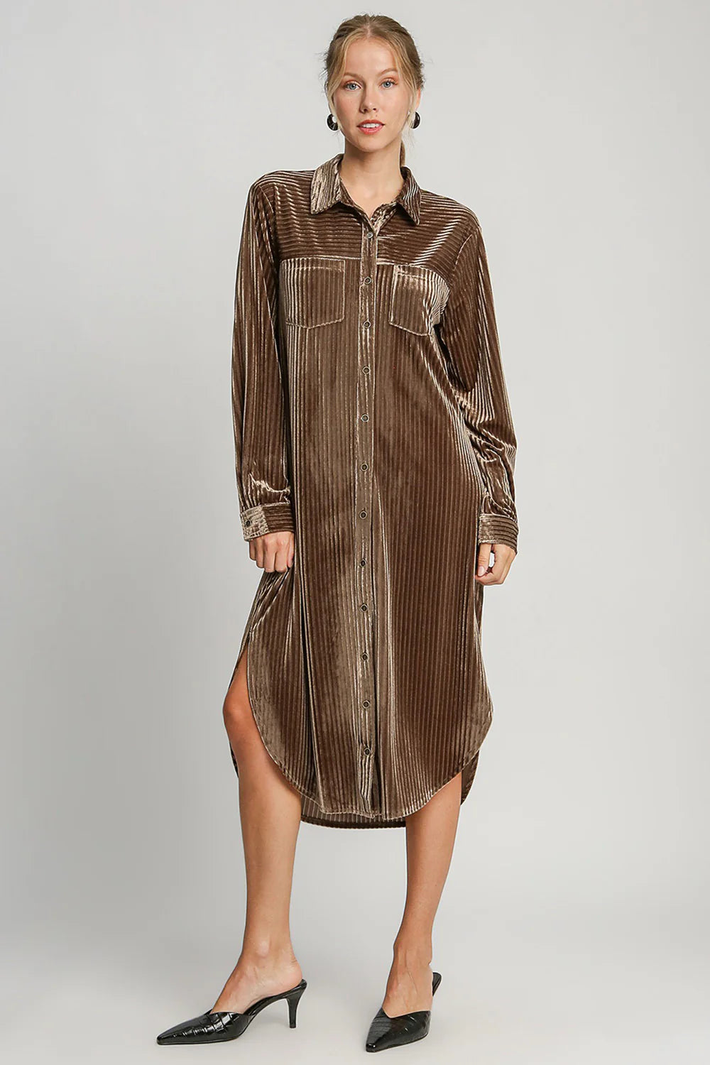 Umgee Button down Shirt Dress with Texture and Curved Hem