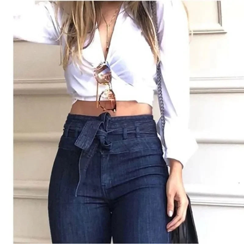 Women Denim Tie Waist Flare Jeans Boyfriend Jeans Ladies High Waist Skinny Bell Bottom Jeans Pants Autumn Wide Leg Mom Jeans