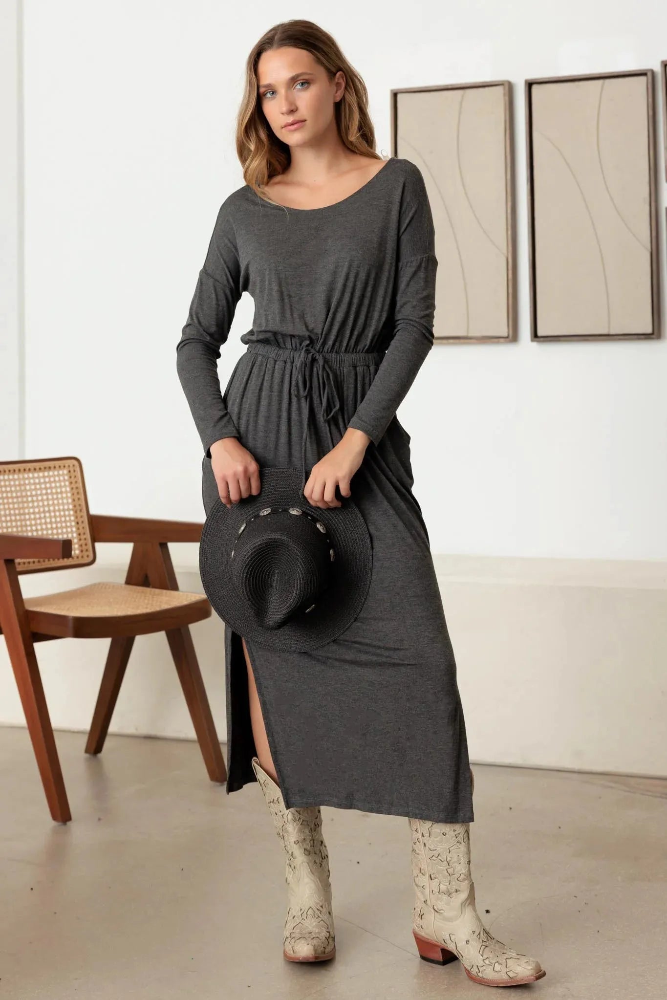 Belted Long Sleeve Side Slit Basic Maxi Dress