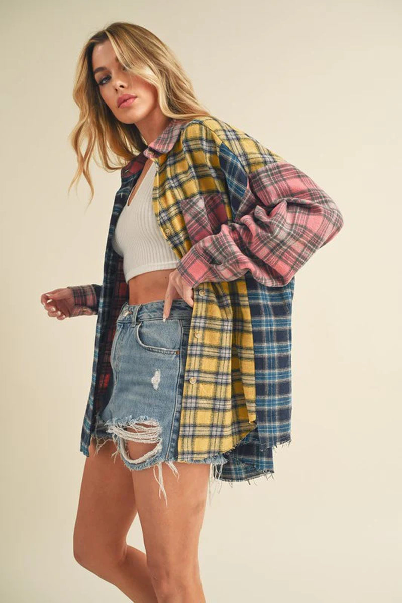 Aemi + Co Frayed Hem Color Block Plaid Drop Shoulder Shirt