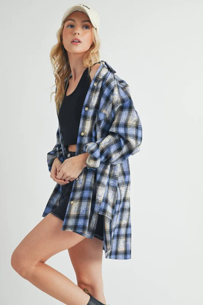 Aemi + Co Washed Plaid Button up Raglan Sleeve Flannel Shirt