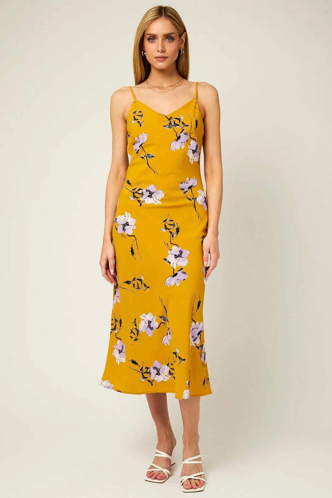 Floral Sleeveless Adjustable Strap a Line Midi Dress