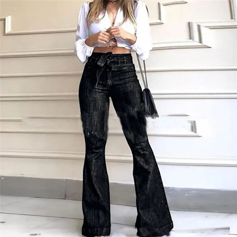 Women Denim Tie Waist Flare Jeans Boyfriend Jeans Ladies High Waist Skinny Bell Bottom Jeans Pants Autumn Wide Leg Mom Jeans