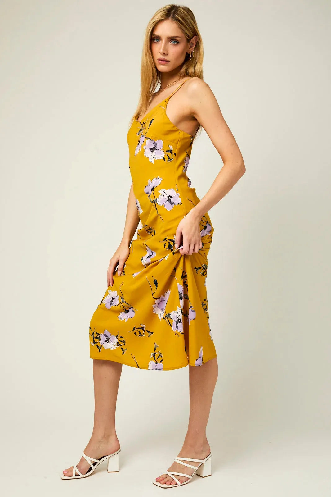 Floral Sleeveless Adjustable Strap a Line Midi Dress