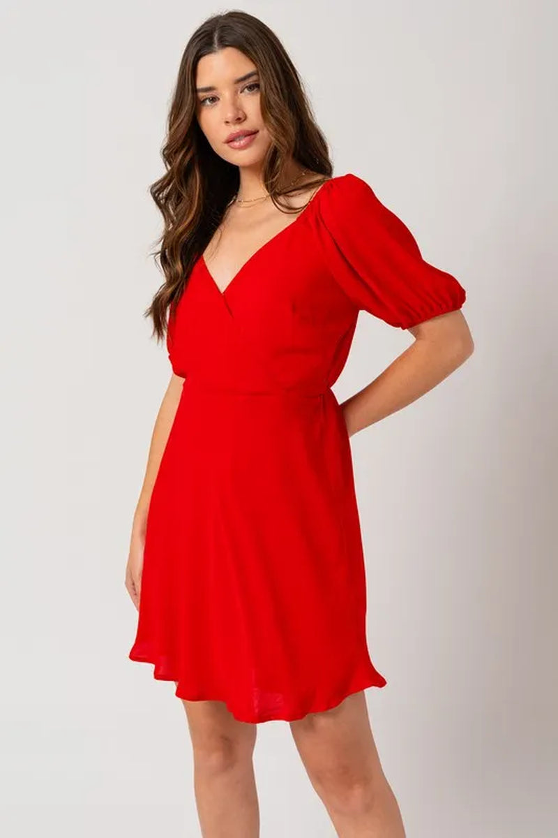 Short Puff Sleeve Wrap Mini Dress