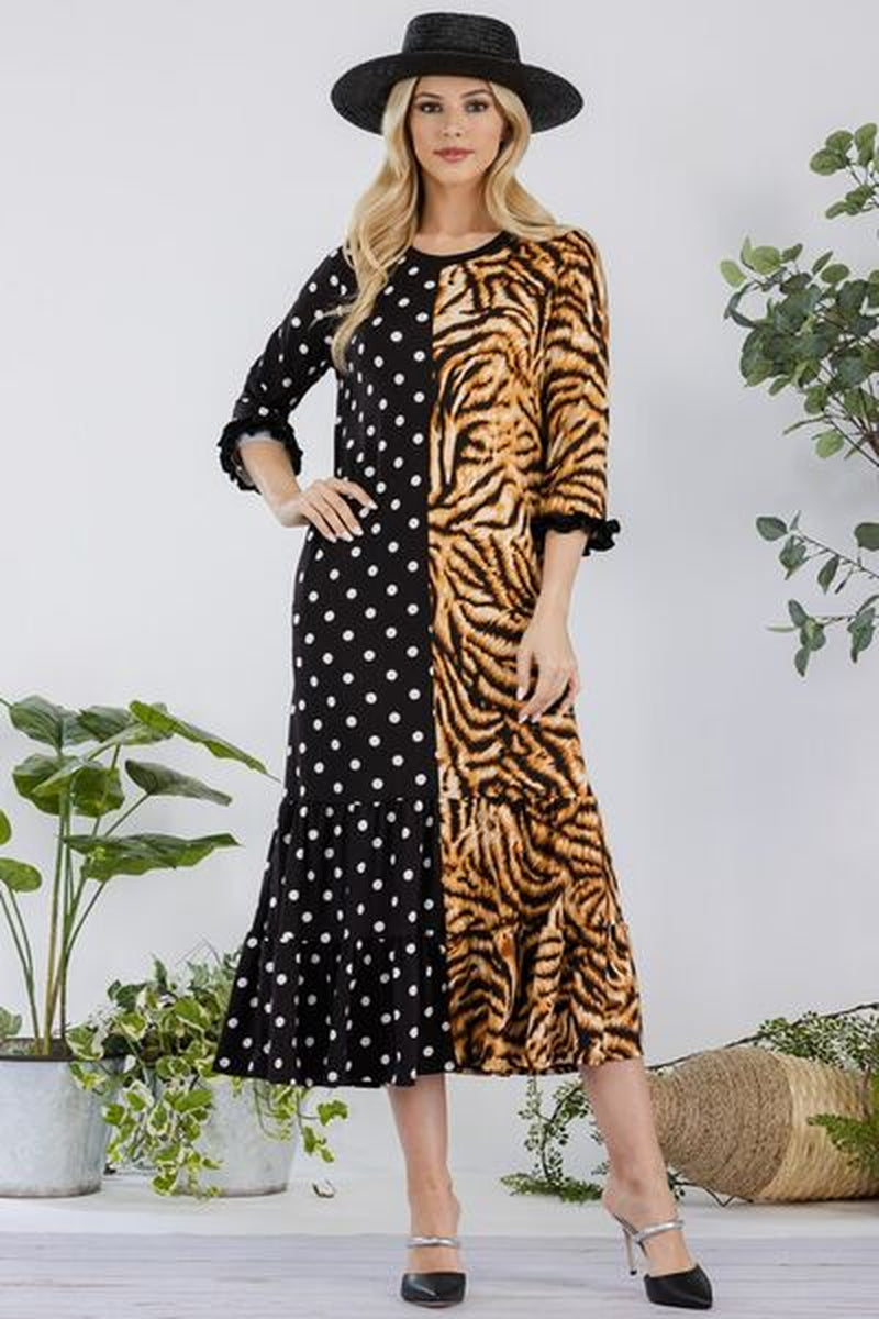 Celeste Full Size Polka Dot & Leopard round Neck Midi Dress plus Size