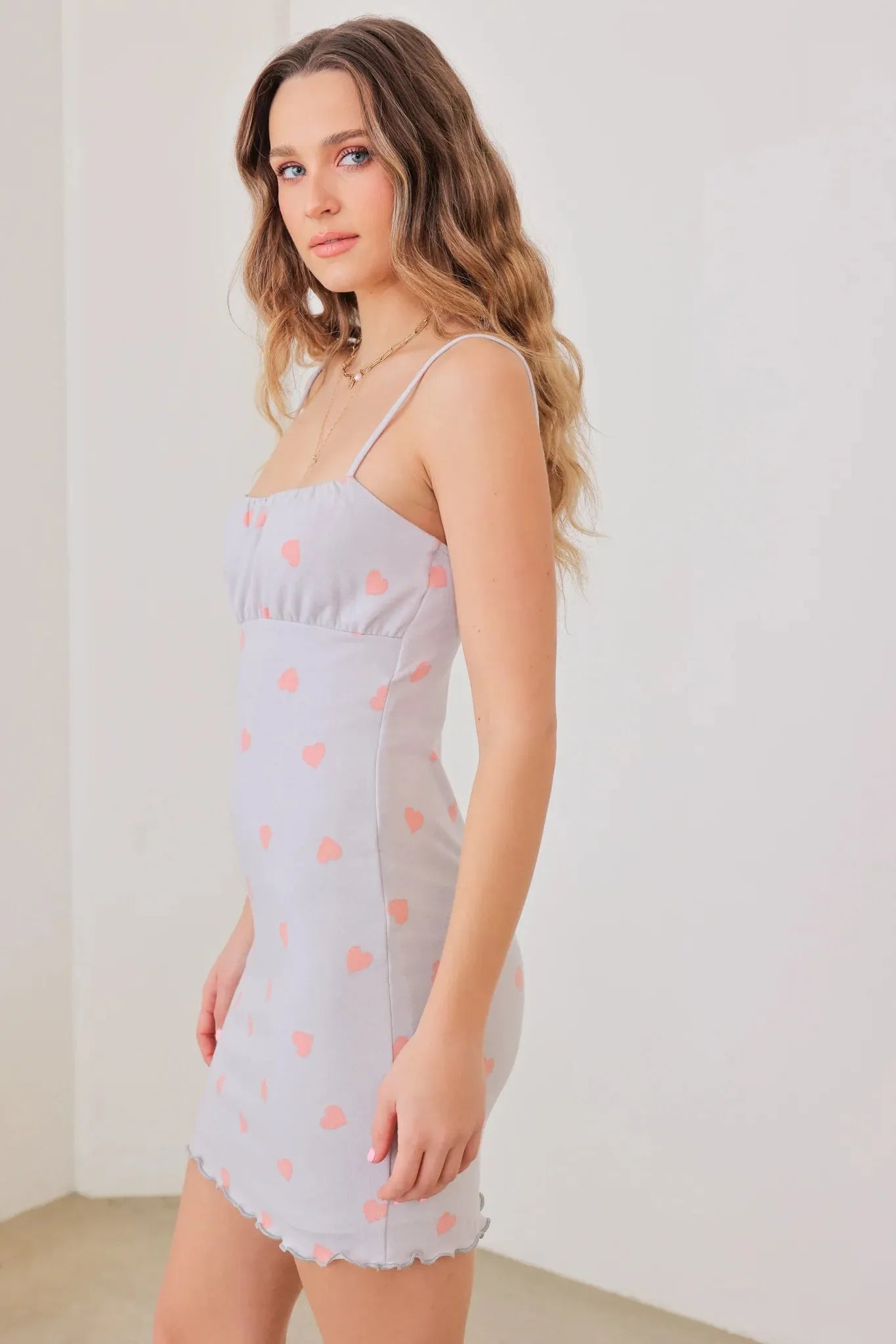 Heart Print Adjustable Strap Mini Dress